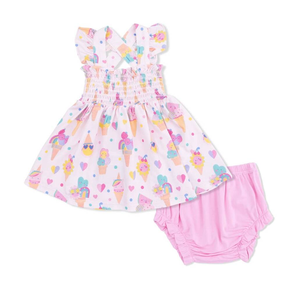 NEW ANGEL DEAR kids ice cream fun crew smocked top with bloomer set in pink
